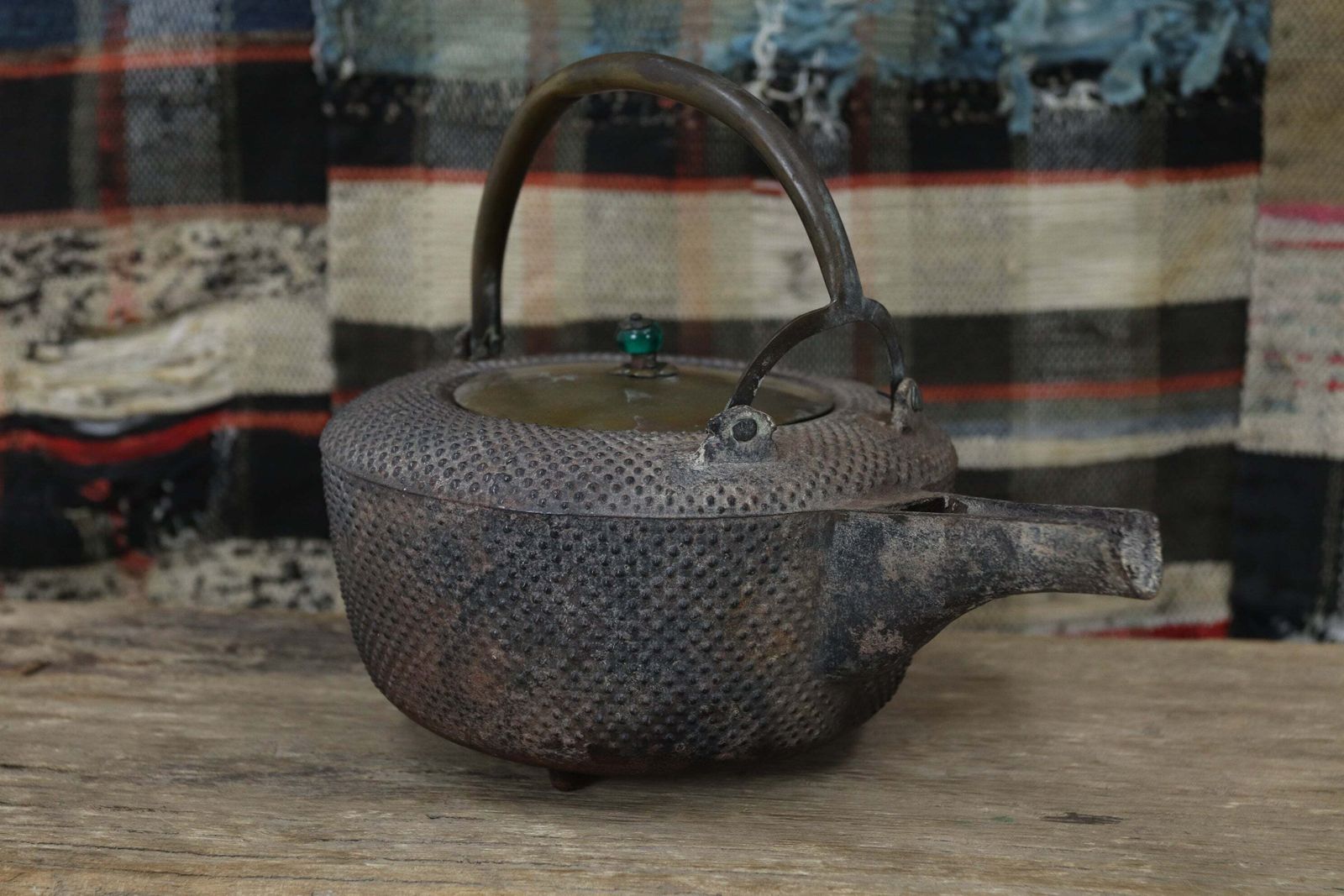 Late Meiji Period Japanese Iron Choshi Sake Kettle With Glass Bead
