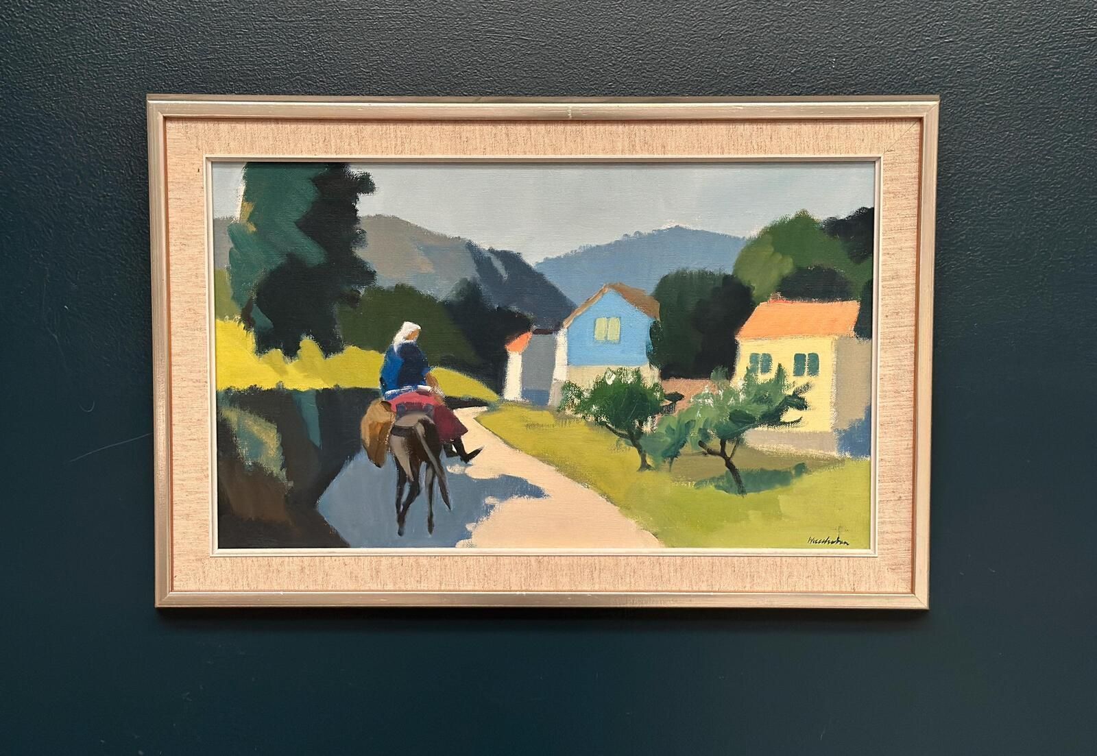Original Mid Century Swedish Oil On Canvas – “Riders On The Road, Crete” By Stig Wernheden – Vintage &  Framed – 43 × 68 Cm (16.9" × 26.8") photo for sale
