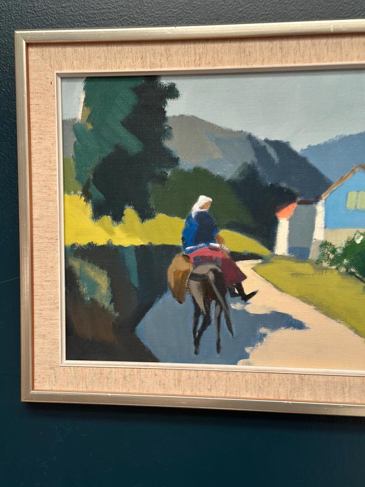 475.0 Original Mid Century Swedish Oil On Canvas – “Riders On The Road, Crete” By Stig Wernheden – Vintage &  Framed – 43 × 68 Cm (16.9" × 26.8") photo