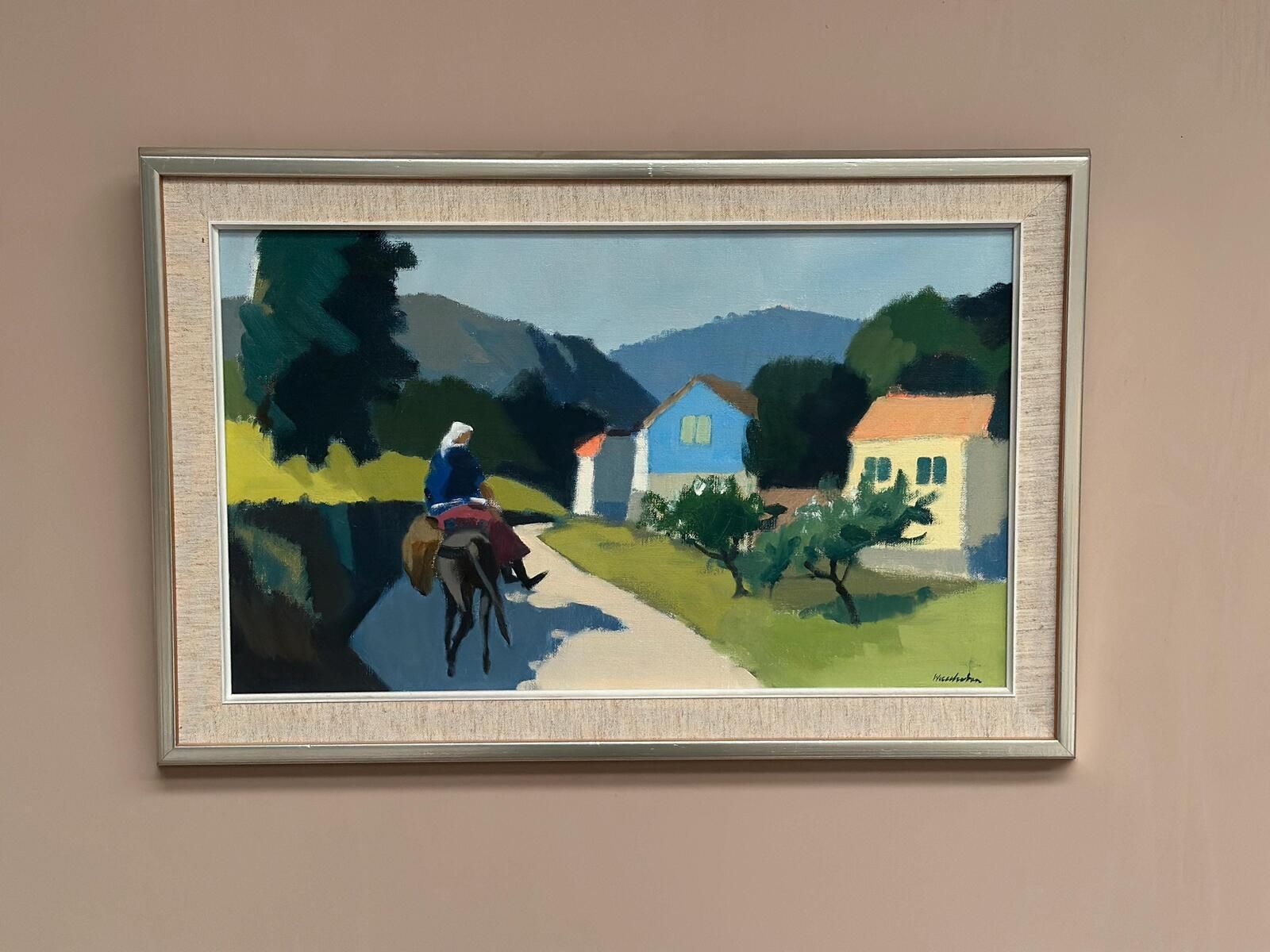 photo vintage Original Mid Century Swedish Oil On Canvas – “Riders On The Road, Crete” By Stig Wernheden – Vintage &  Framed – 43 × 68 Cm (16.9" × 26.8")