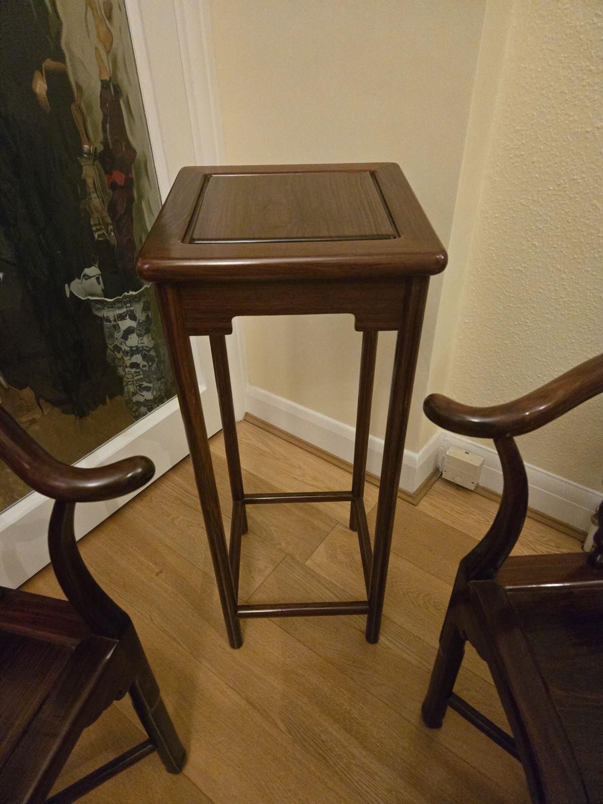 A Pair Of 20th Century Chinese Hardwood Corner Chairs And A Matching Stand photo for sale