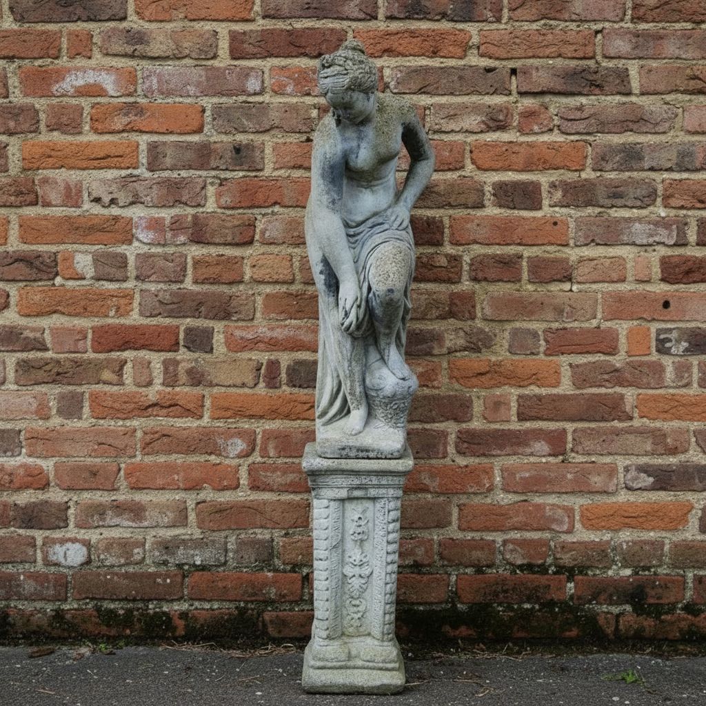 photo buy Weathered Antique Stone Statue Semi Naked Lady On Pedestal