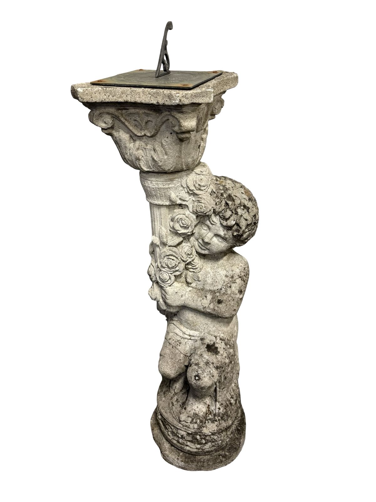 Garden Decor Weathered Antique Stone Garden Sundial On Putti Cherub Pedestal photo