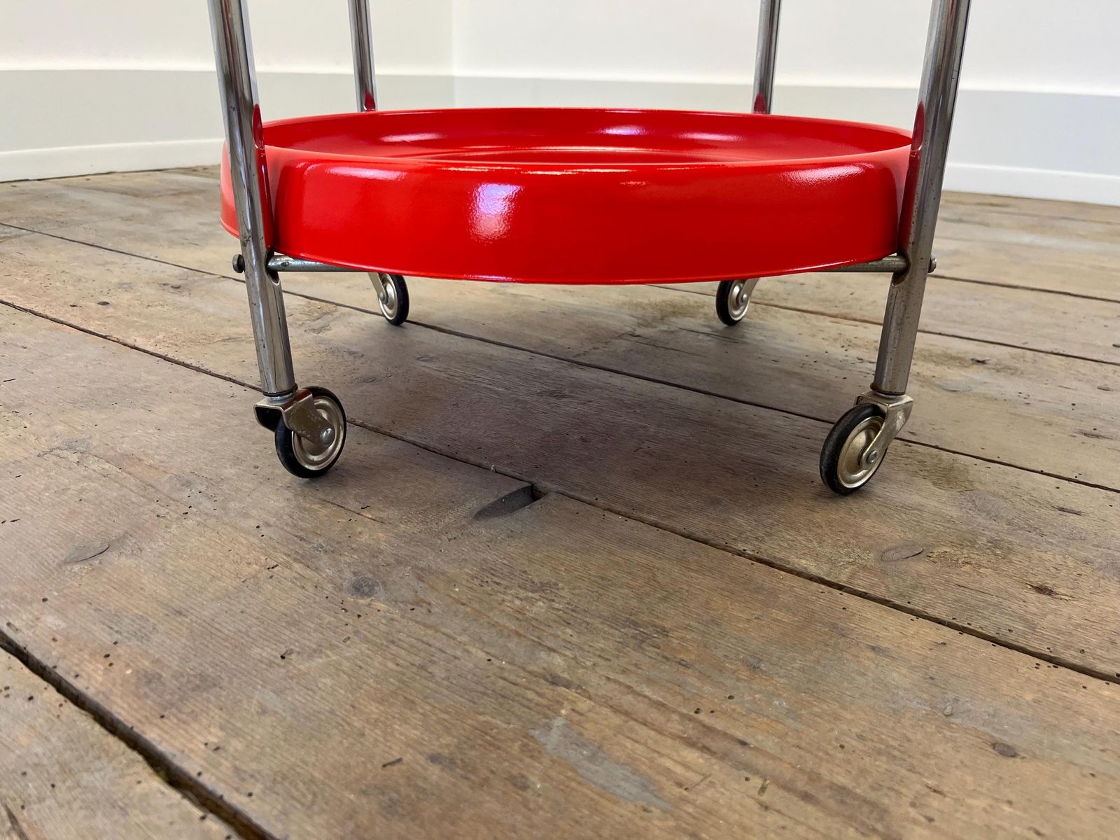Vintage Mid Century Modern Red Rolling Bar Cart / 2 Tier Plastic, Glass And Chrome Serving Trolley / Retro Space Age Side Table On Casters photo vintage