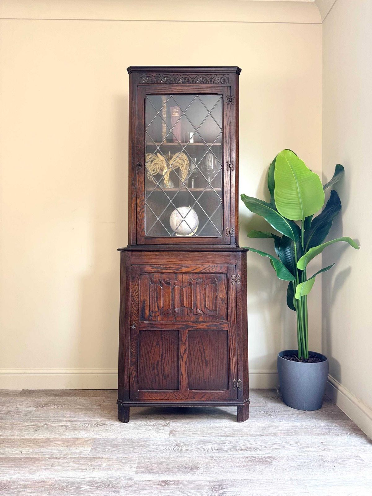 Vintage Oak Corner Cupboard Cabinet: Dark Wood Wall Freestanding Shelving Pantry Drinks