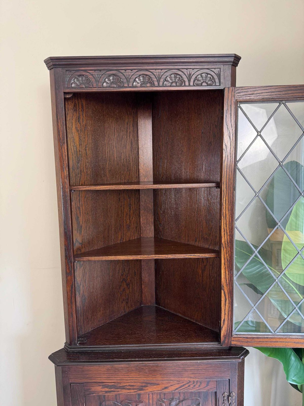 Vintage Oak Corner Cupboard Cabinet: Dark Wood Wall Freestanding Shelving Pantry Drinks photo vintage