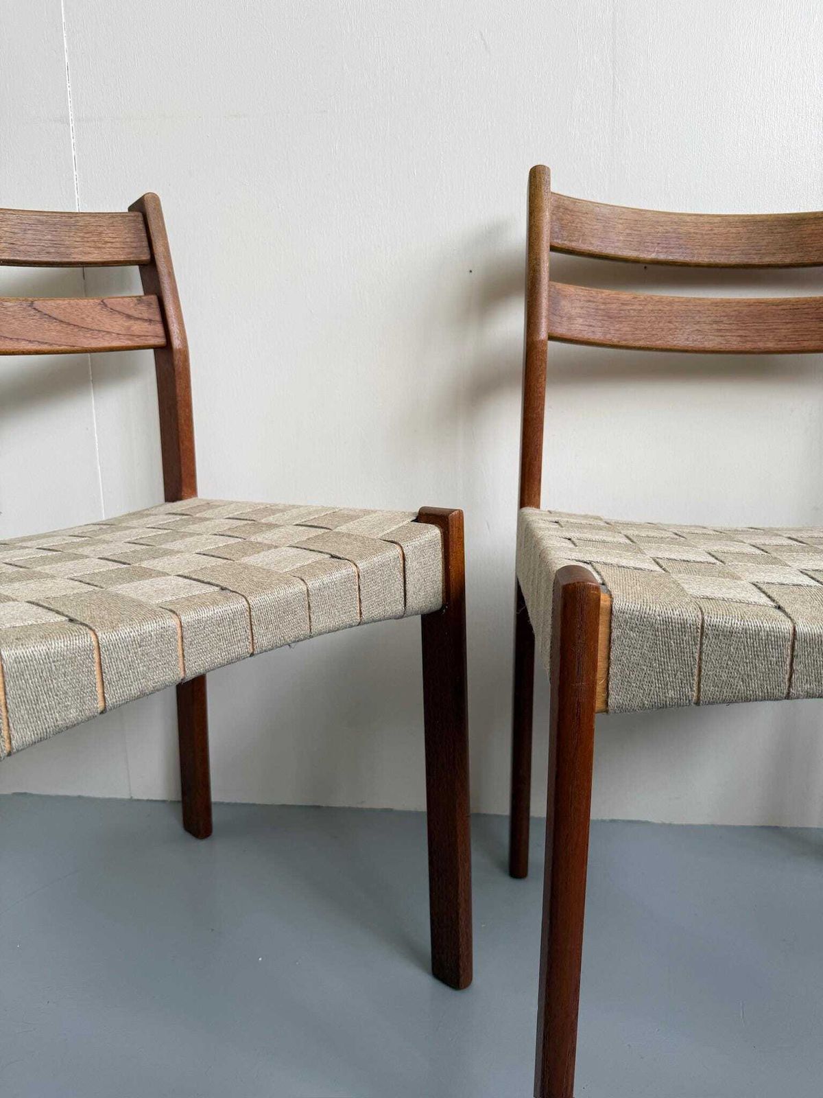 Pair Of Danish Teak Mid Century Dining Chairs With Cream Webbing Strap Seats photo 325.0
