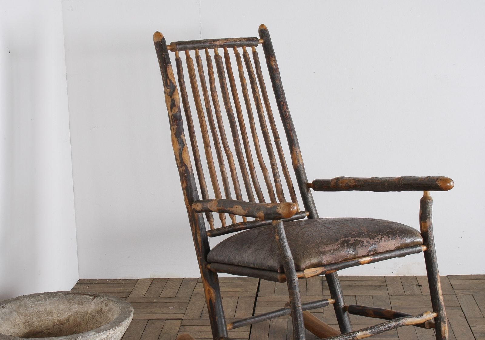 Antique American Stick Back Rocking Chair With Distressed Patina And Leather Seat photo vintage