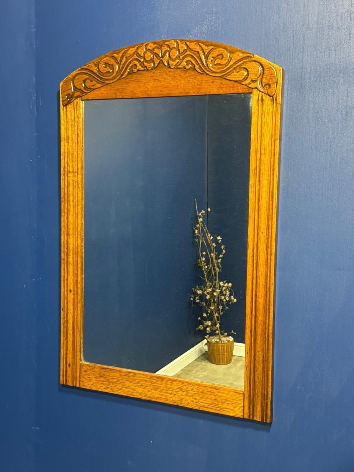 Antique Art Deco Oak Mirror Floral Carved Light Wood Arch
