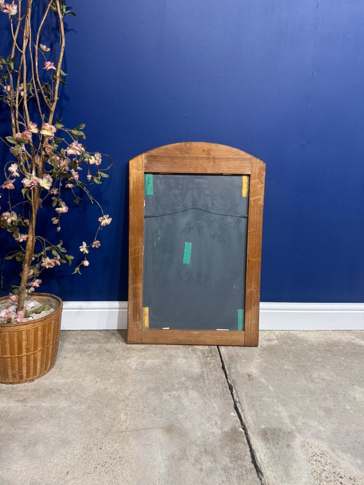 Antique Art Deco Oak Mirror Floral Carved Light Wood Arch photo vintage
