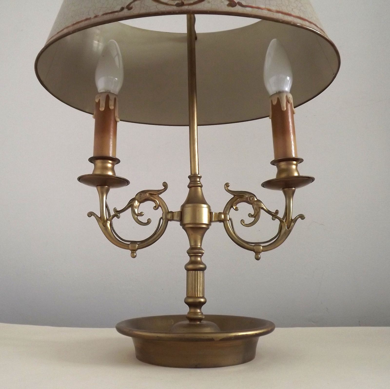 French Empire Brass Boulotte 2 Light Table Lamp Hand Painted Floral Design photo 295.0