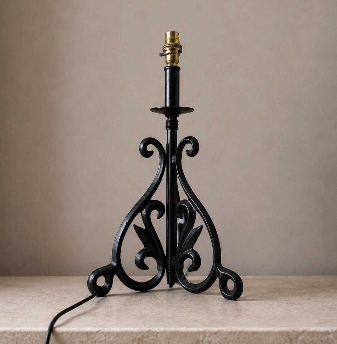 Vintage Wrought Iron Table Lamp Base | Black Scroll Metal Lamp | Gothic French Country Decor photo furniture