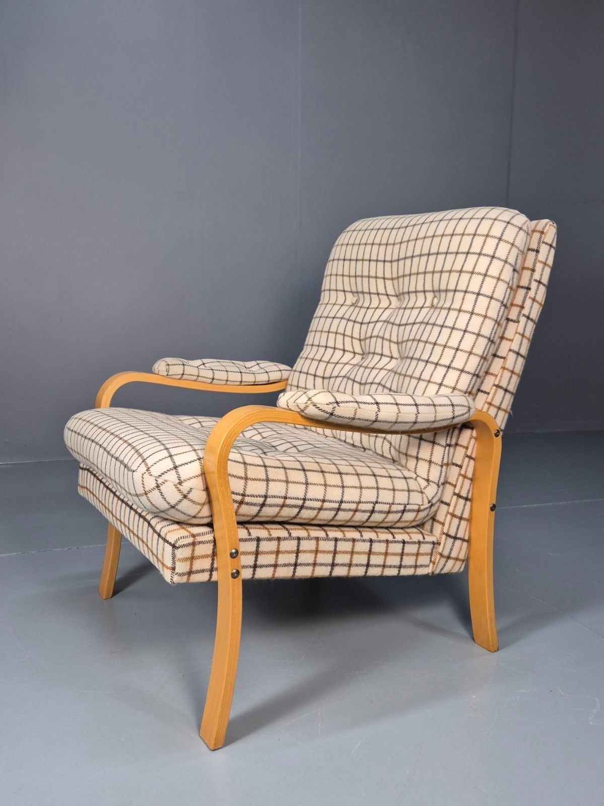 Vintage Bentwood Lounge Chair Danish Cream Wool Check 1980s Retro Eb10334 Mben photo furniture