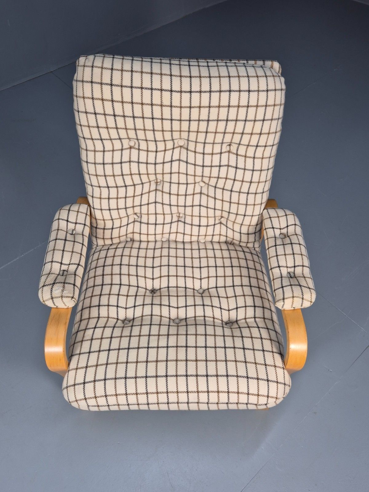 Vintage Bentwood Lounge Chair Danish Cream Wool Check 1980s Retro Eb10334 Mben photo Furniture