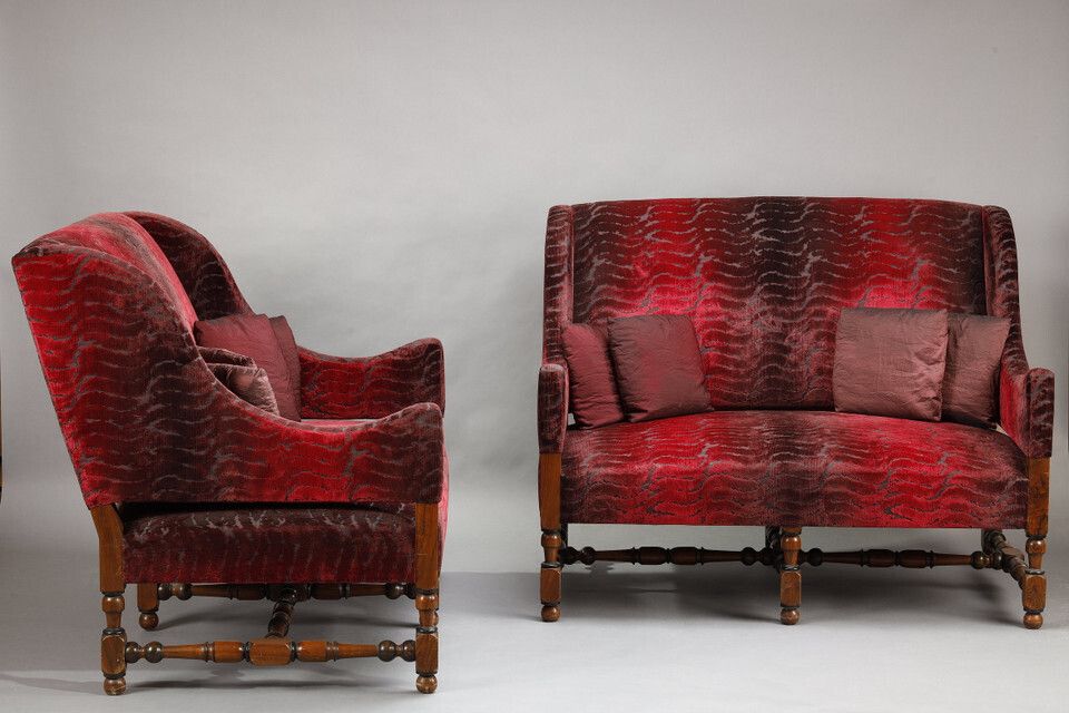 Pair Of Large Louis XIII Style Sofas In Burgundy Red Velvet photo Furniture