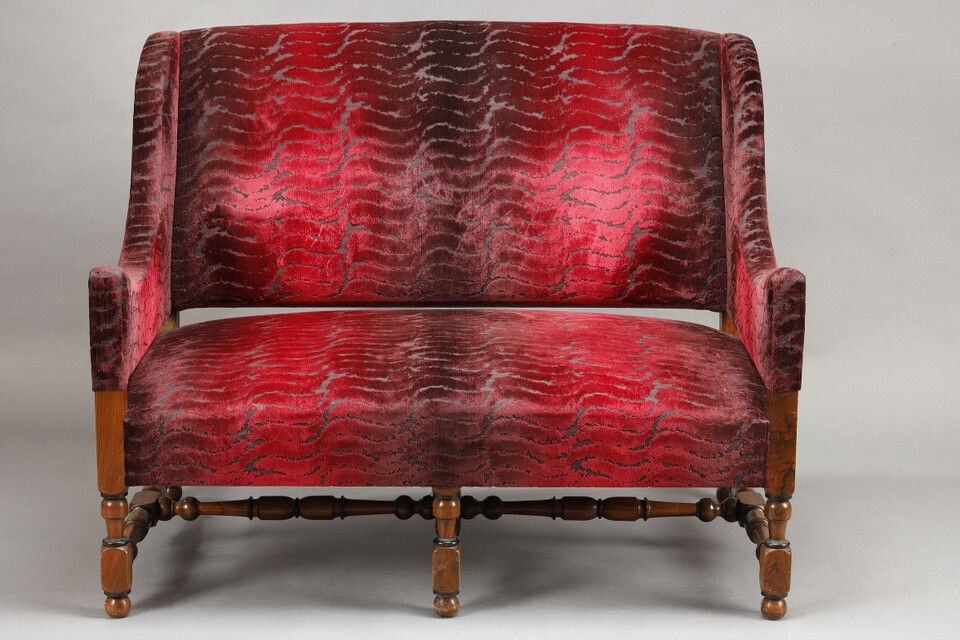 photo for sale Pair Of Large Louis XIII Style Sofas In Burgundy Red Velvet