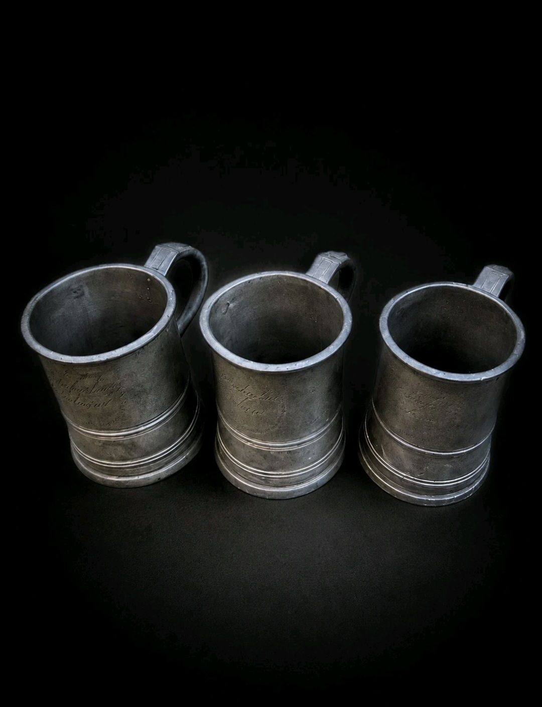 Antique Handmade Pewter Tavern Tankards Set Of 3