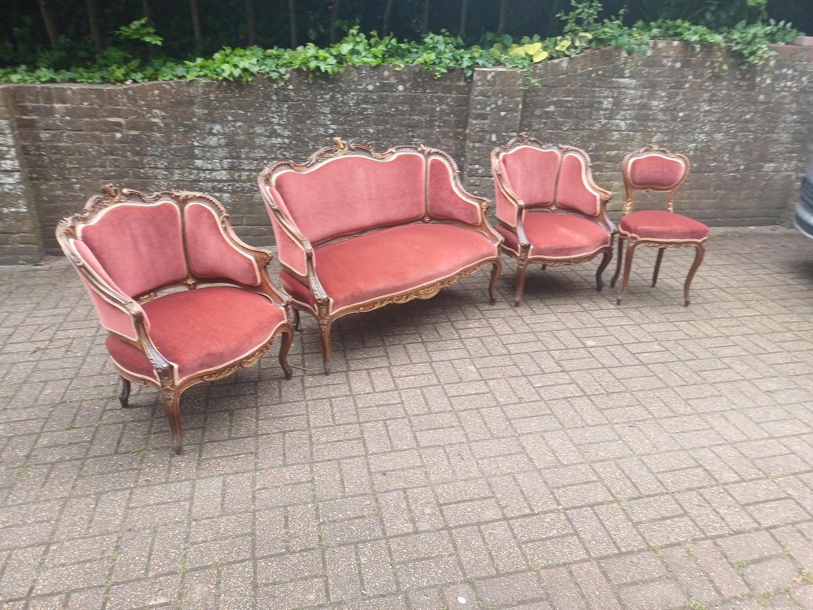 Victorian Rococo Salon Suite Mahogany Love Seat Armchairs Chair French Louis Style Pink Velvet Antique Furniture