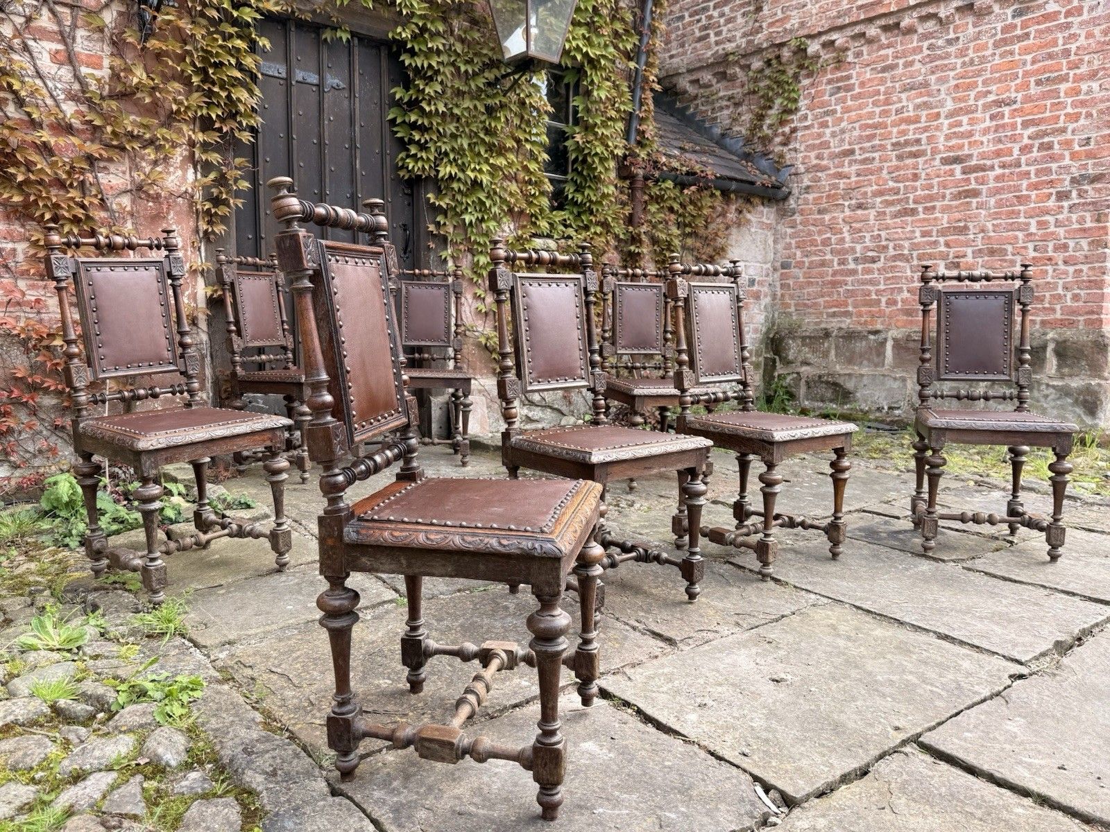 Set  8  Antique French  Oak Renaissance Revival Henri II Style Dining Chairs photo furniture