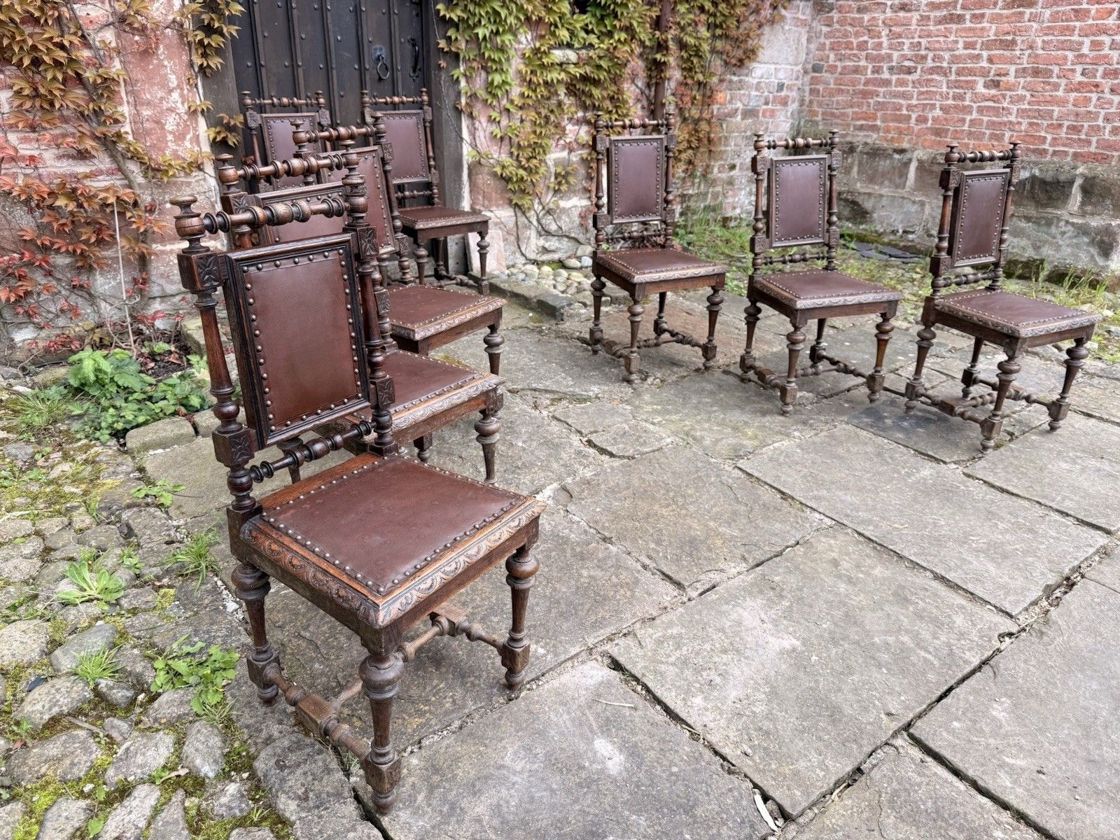 Set  8  Antique French  Oak Renaissance Revival Henri II Style Dining Chairs photo for sale