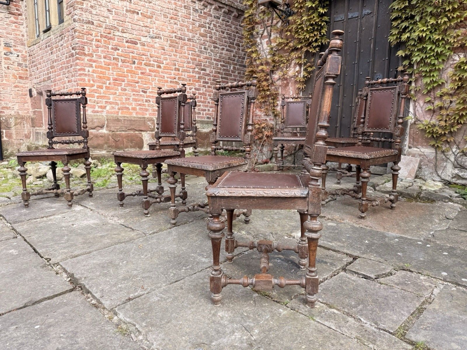 Set  8  Antique French  Oak Renaissance Revival Henri II Style Dining Chairs photo vinterior