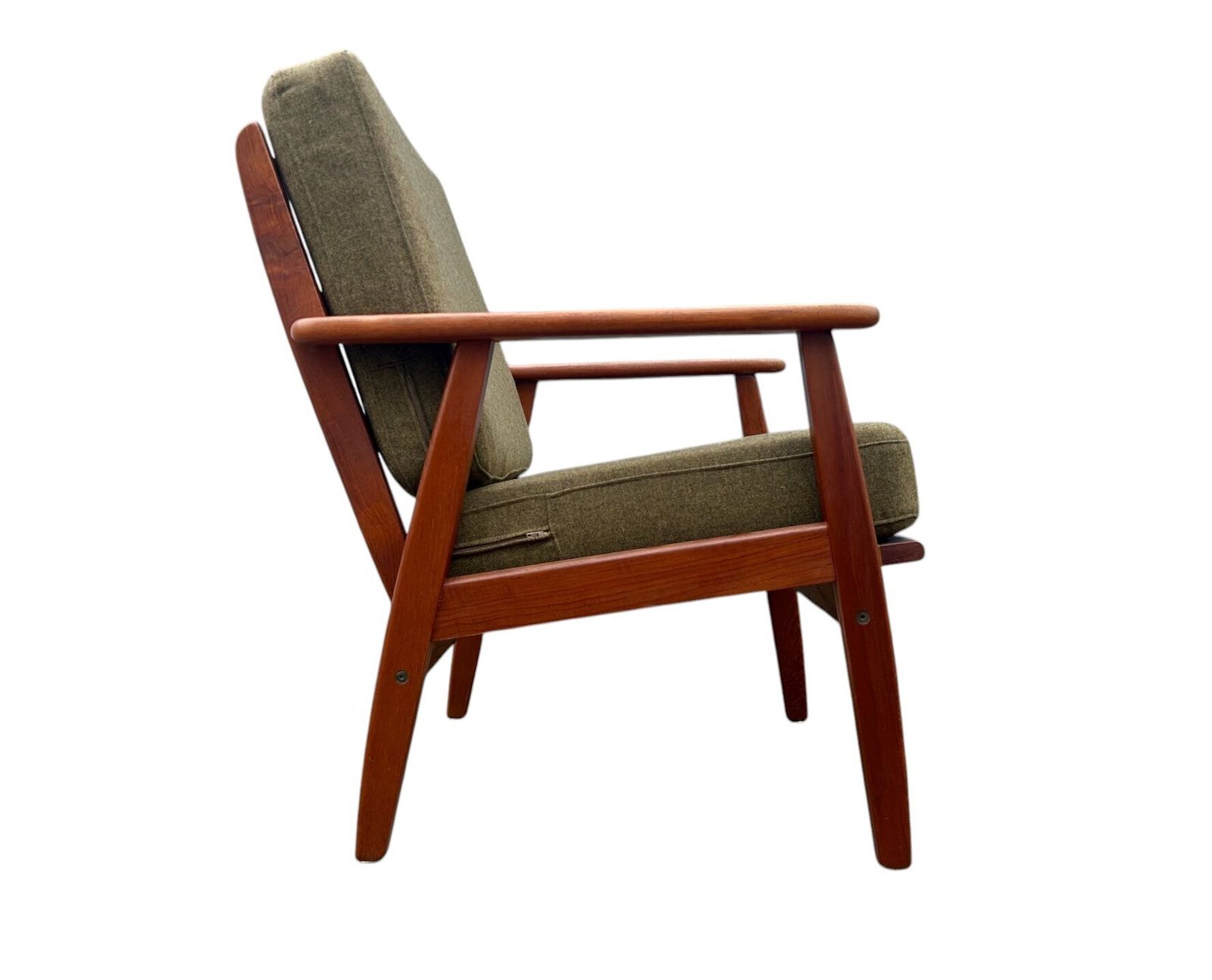 photo for sale Danish Teak And Olive Green Wool Lounge Armchair Mid Century Chair 1960s