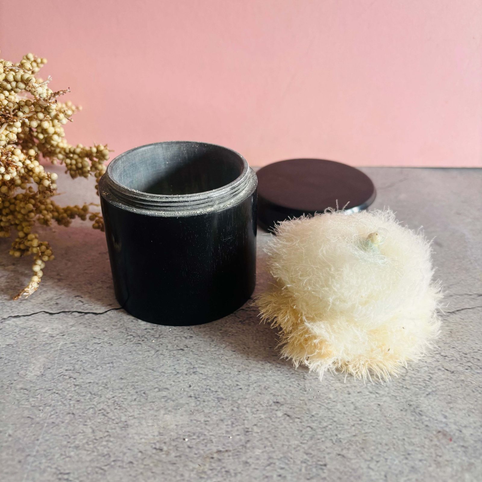 Antique Ebony Powder Pot & Swan Down Puff photo buy