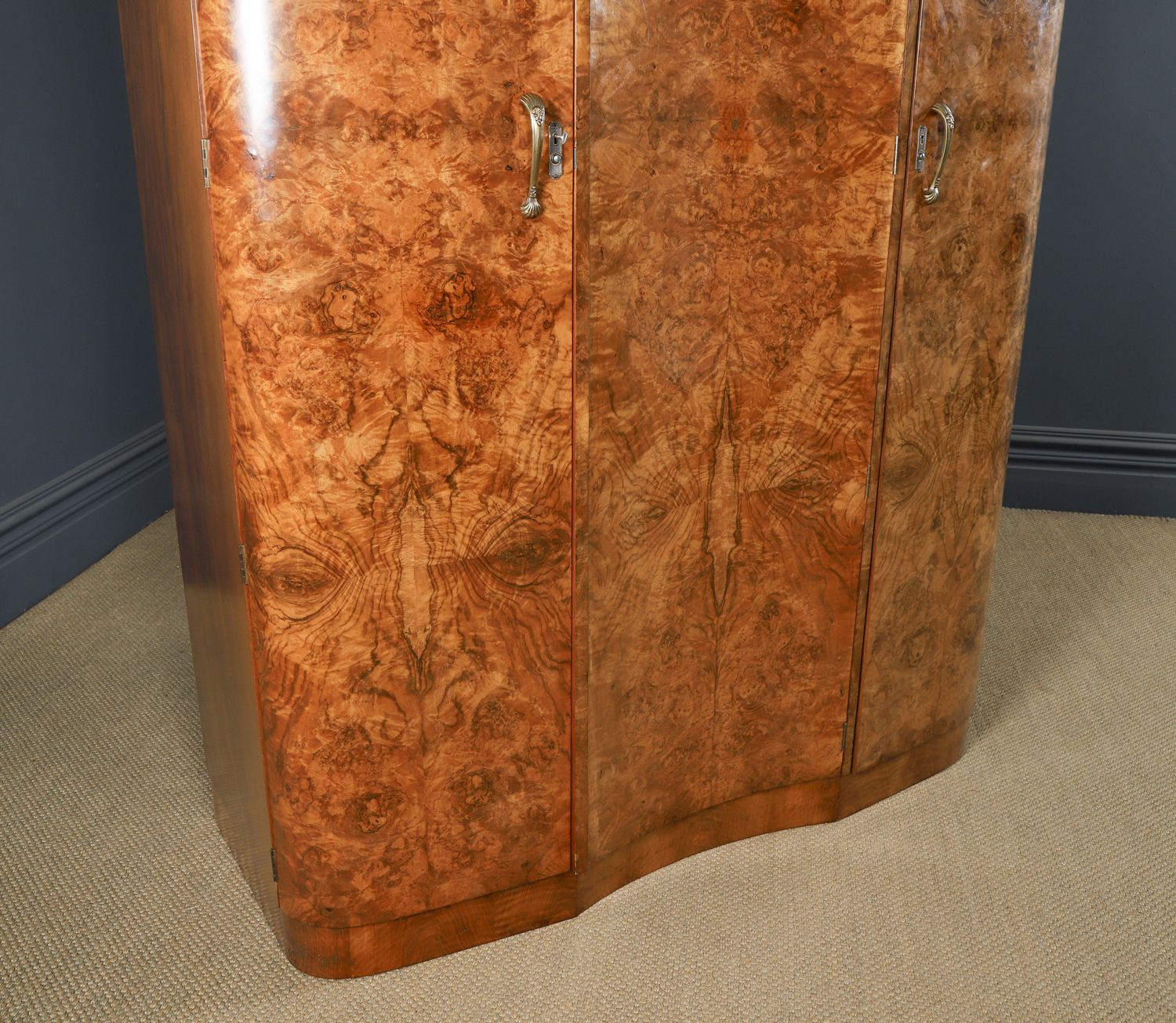 Large English Art Deco Burr Walnut Fitted Serpentine Armoire Wardrobe Closet (Circa 1930) photo vintage