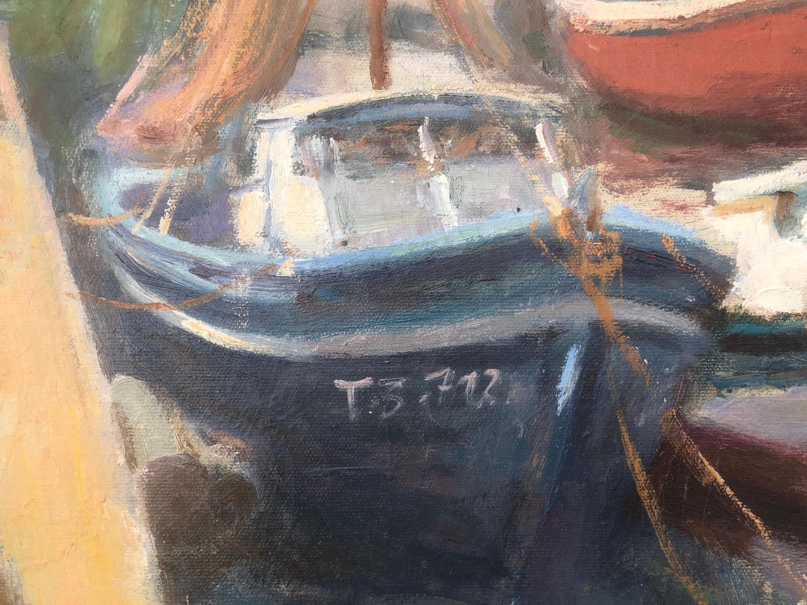 Francisco Carbonell Massabe Mediterranean Fishing Harbor Boats Coastal Spain Oil Canvas Painting Tarragona C.1995 photo Art