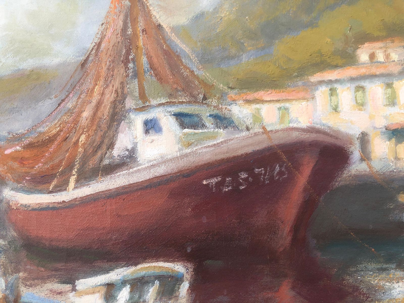 Francisco Carbonell Massabe Mediterranean Fishing Harbor Boats Coastal Spain Oil Canvas Painting Tarragona C.1995 photo 700.0