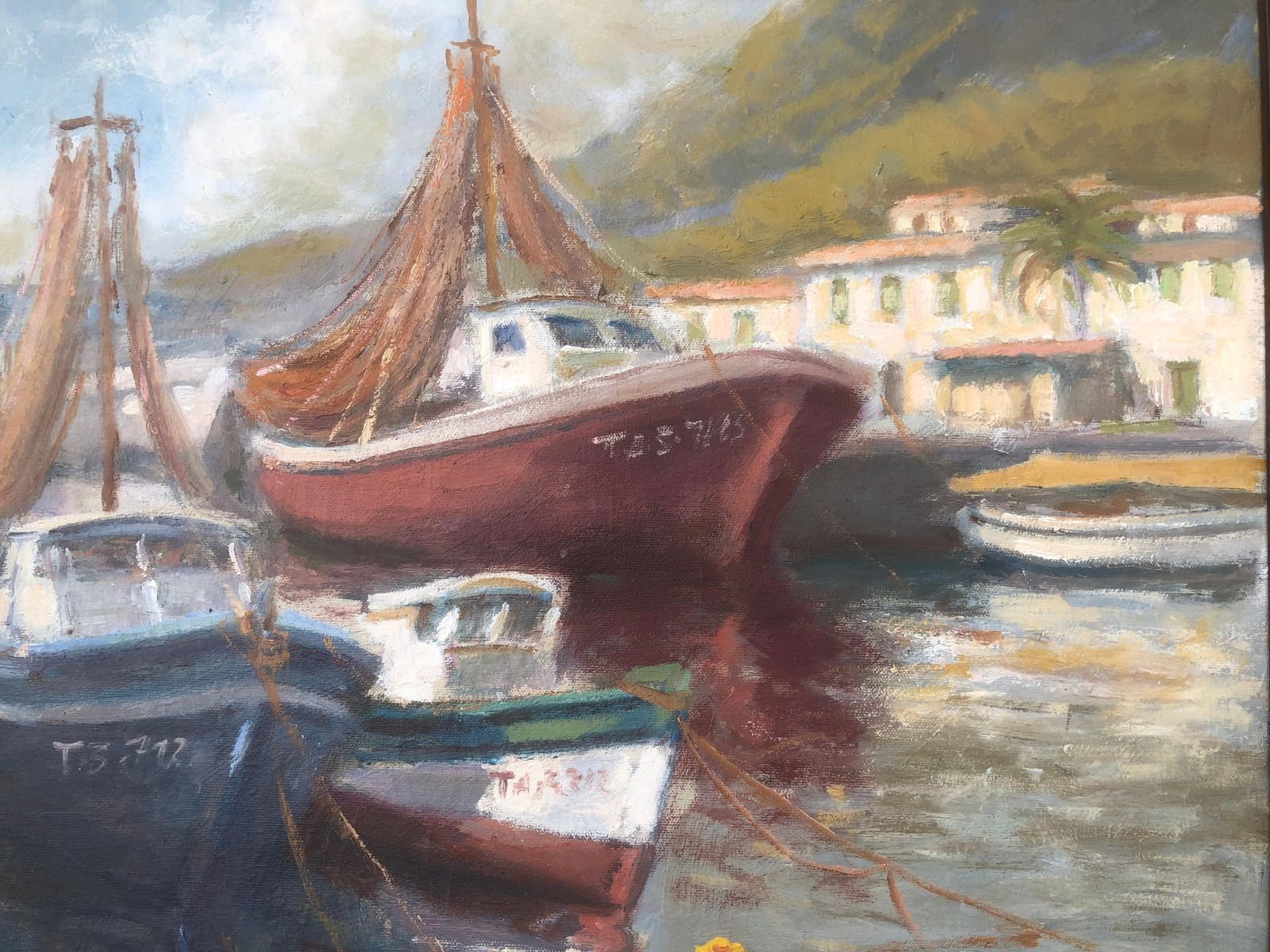 Francisco Carbonell Massabe Mediterranean Fishing Harbor Boats Coastal Spain Oil Canvas Painting Tarragona C.1995 photo buy