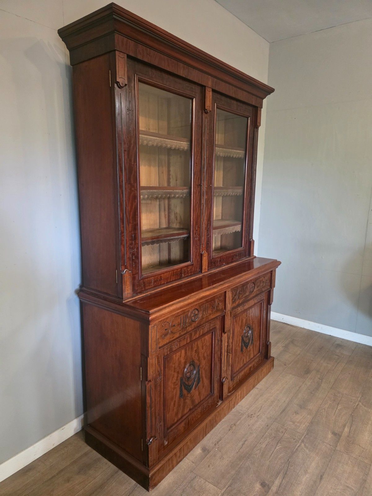 Antique Victorian Mahogany Bookcase On Cupboard 1880s photo vintage
