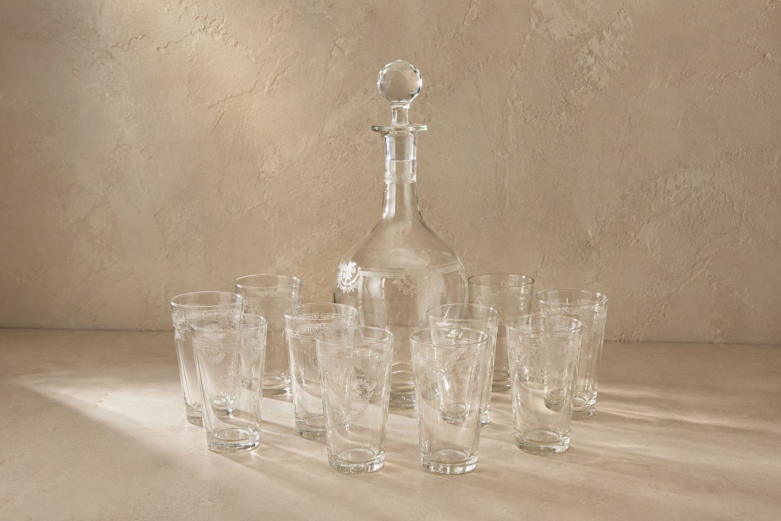 Saint Louis Style Cut Glass Decanter With Ten Matching Short Tumblers photo furniture