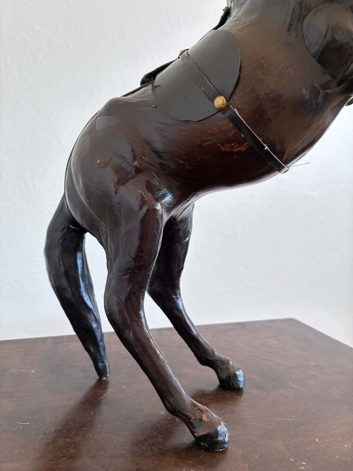 Vintage Handcrafted Leather Horse Statue With Brass Appointments photo vintage