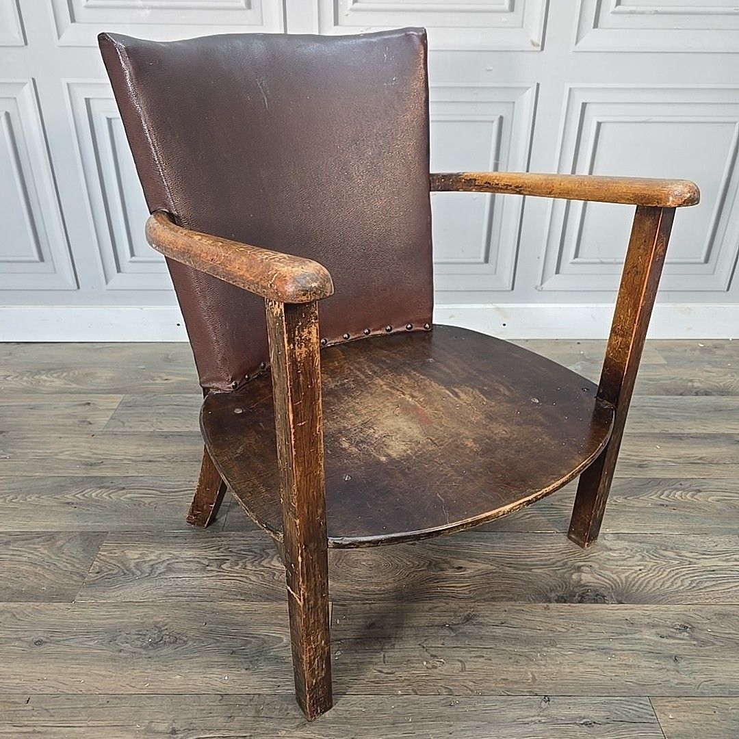 Vintage Art Deco Armchair Retro Wooden Chair Leatherette Panel Low Seat Mcm photo for sale