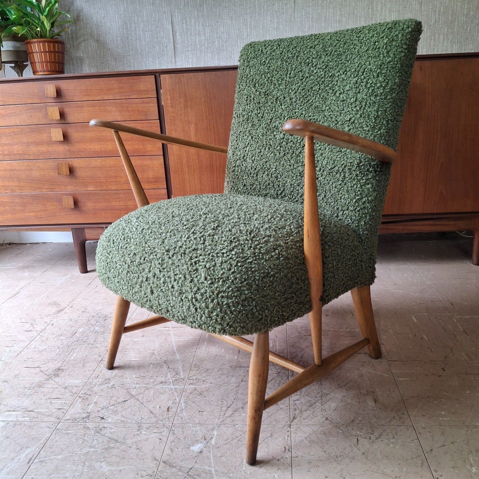 Fab Vintage 1950s Reworked Ercol 248 Chair Blue Label Forest Green Chunky Boucle photo Furniture