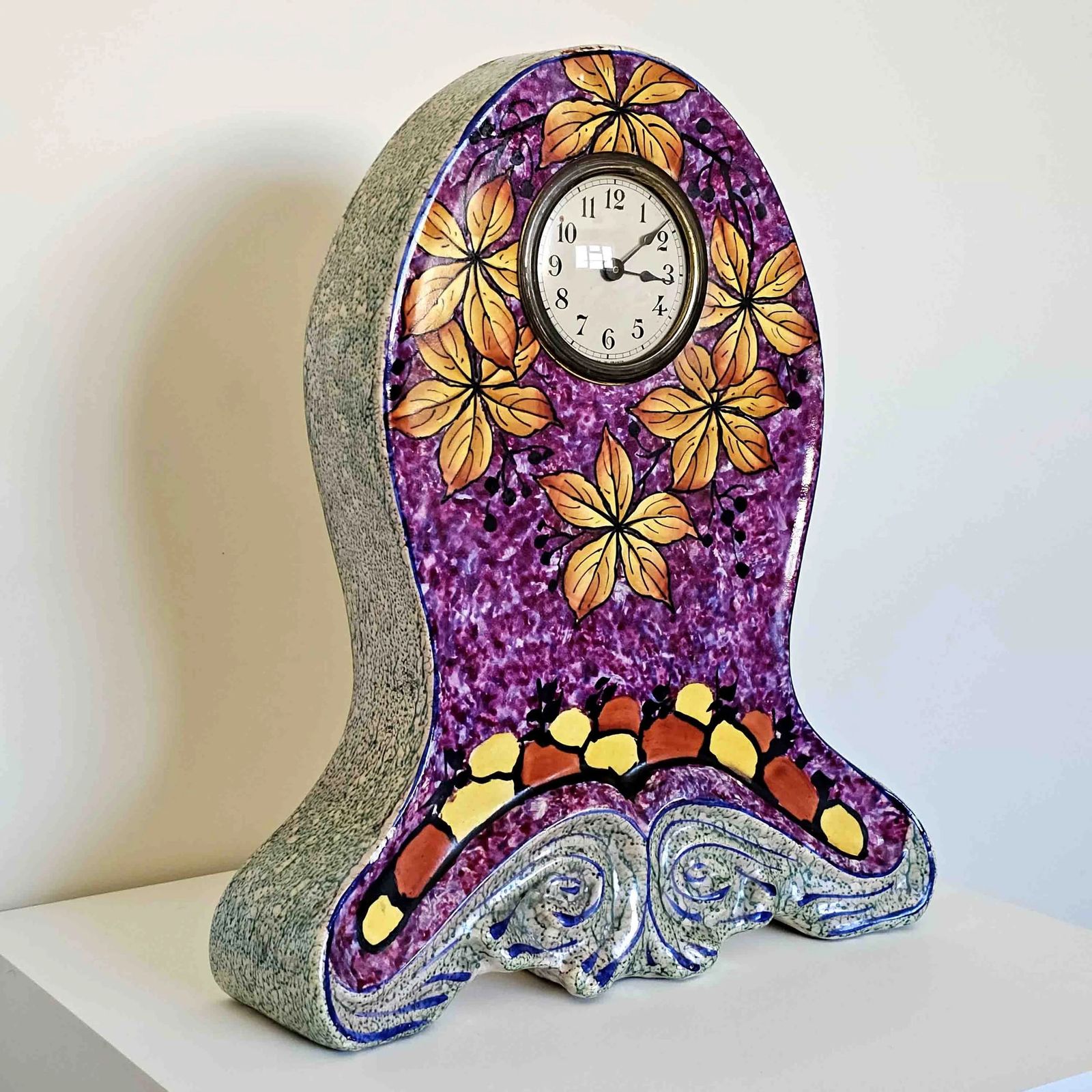 Early 20th Century Antique French Ceramic Mantle Clock Bright & Colourful Leaf Motif photo 345.0