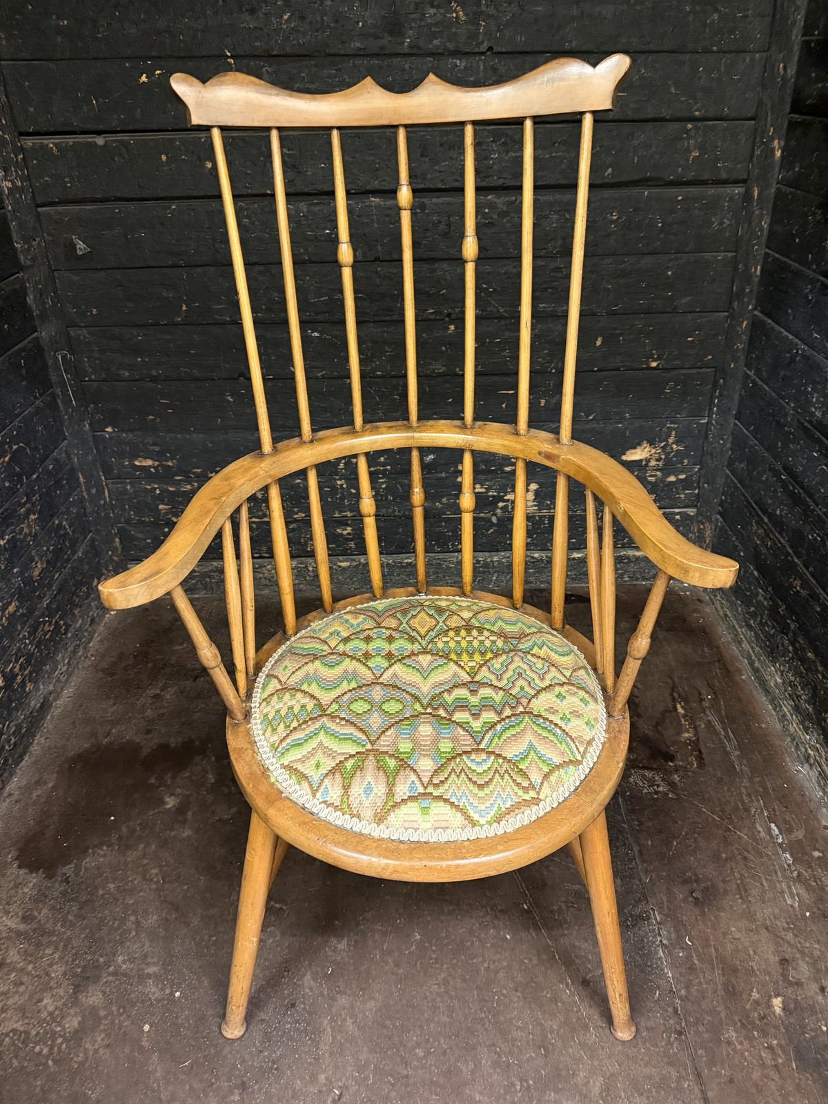 Arts & Crafts Movement Elm Windsor Comb Back Chair, Woven Tapestry Seat