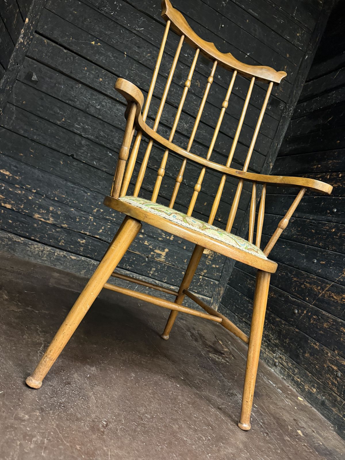 photo buy Arts & Crafts Movement Elm Windsor Comb Back Chair, Woven Tapestry Seat