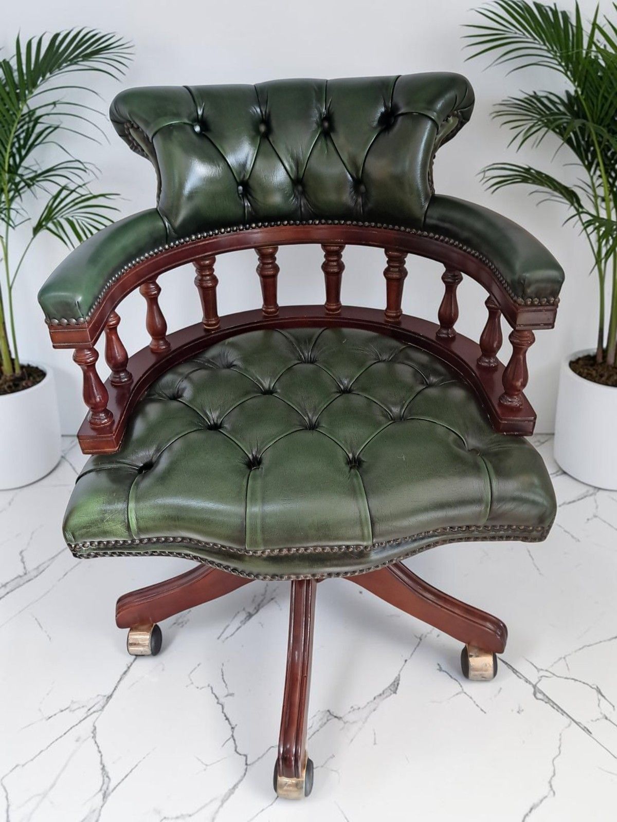 Antique Style Captains Chair Chesterfield Style Green Leather Swivel & Tilt Desk