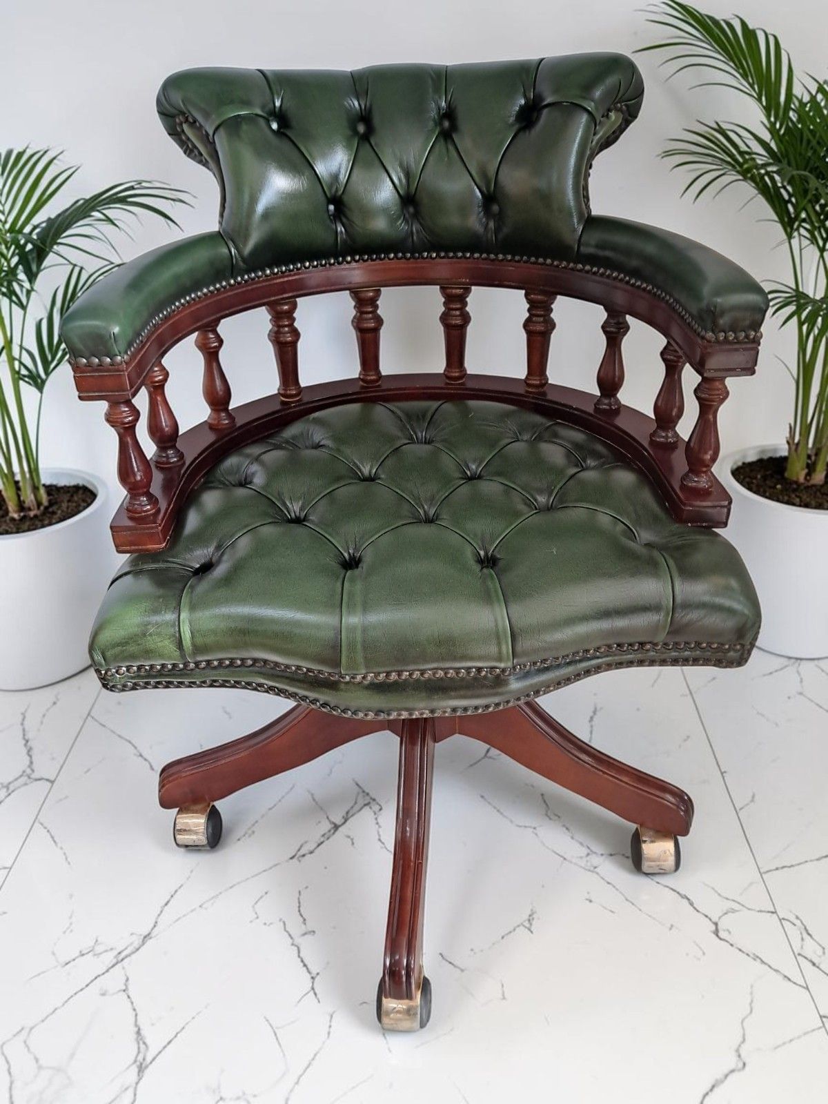 Antique Style Captains Chair Chesterfield Style Green Leather Swivel & Tilt Desk photo furniture