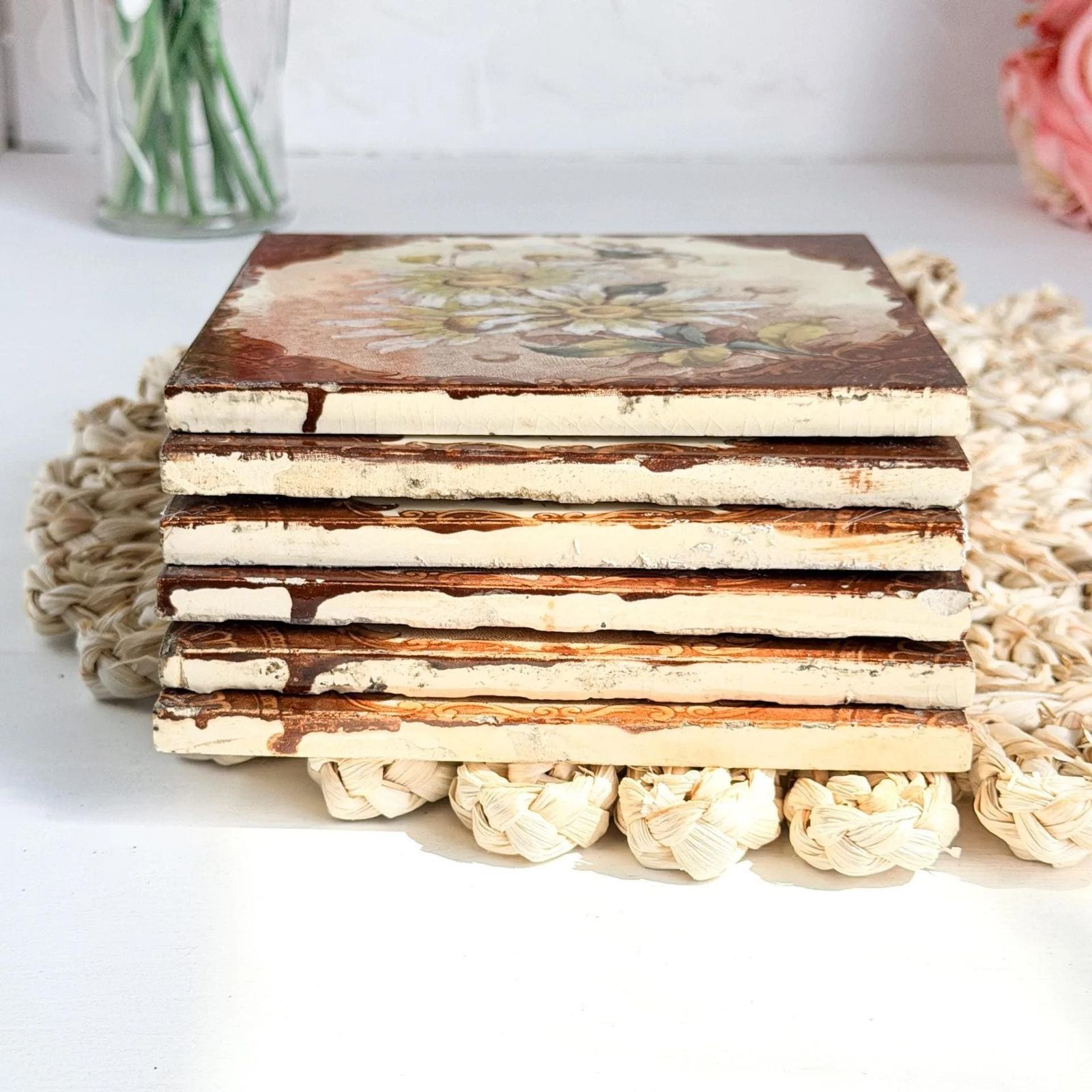 Antique Victorian Ceramic Tiles Set Of 6 Floral Decor photo for sale