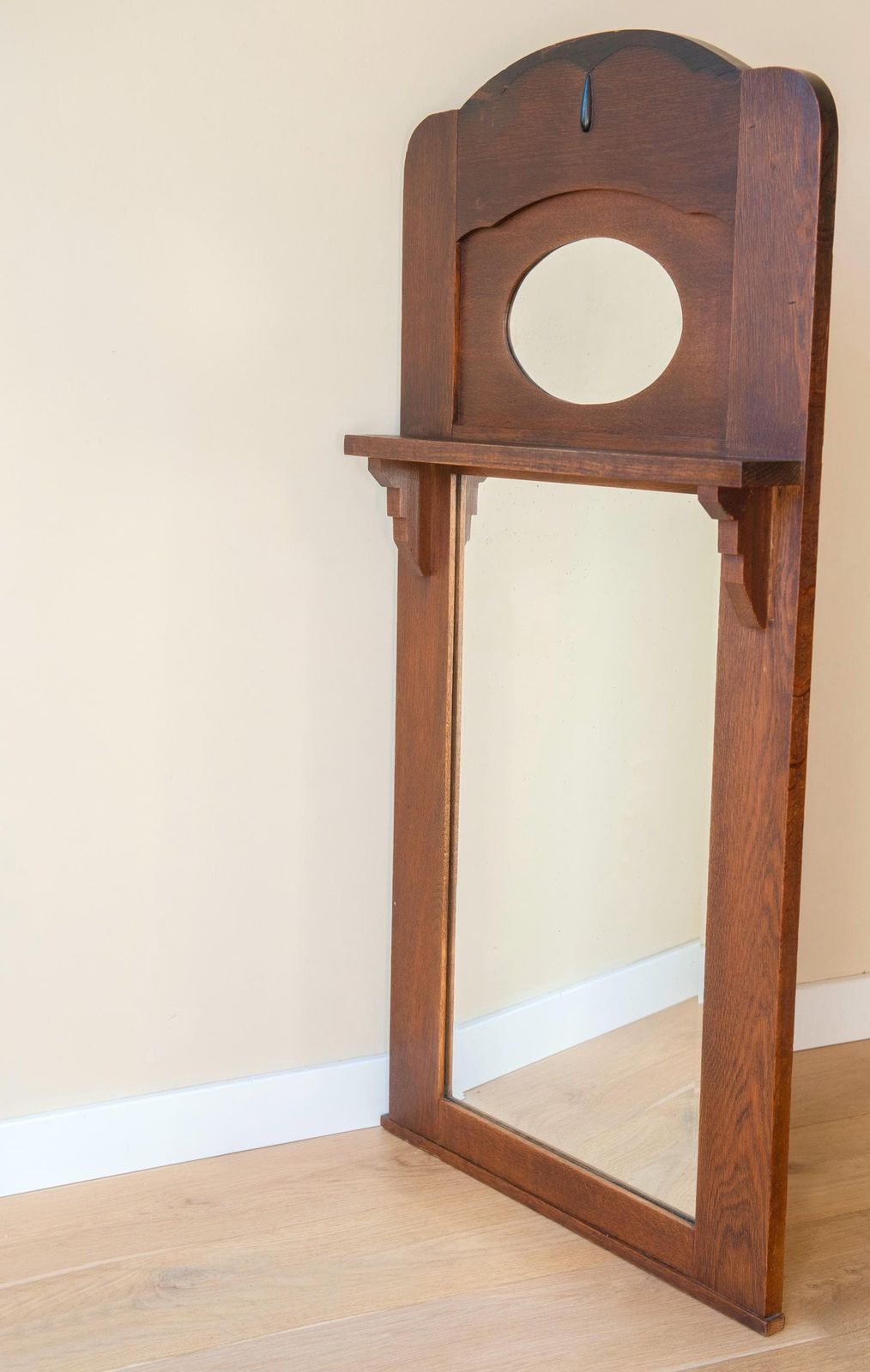 Large Dutch Art Deco Mirror – Amsterdam School Oak Wall Mirror – Antique Hallway Mirror, 1920s photo furniture