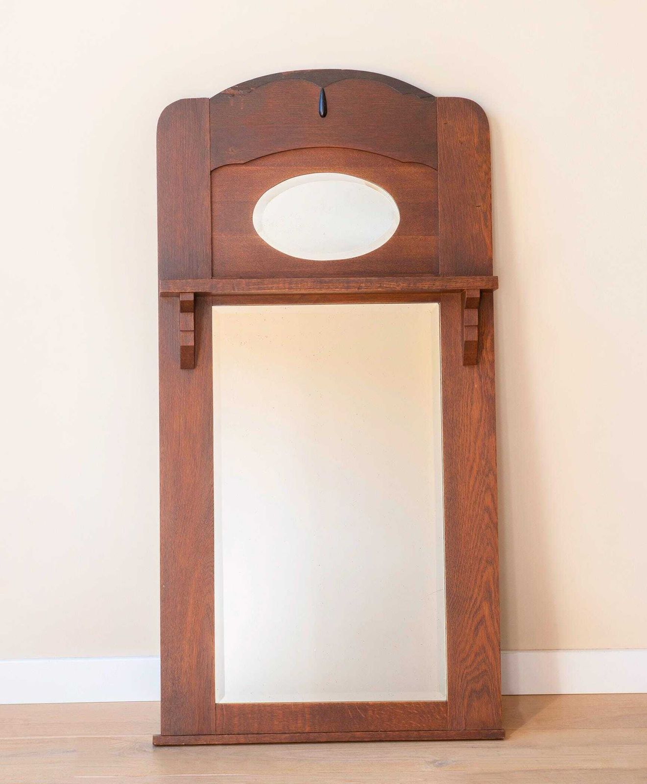 Large Dutch Art Deco Mirror – Amsterdam School Oak Wall Mirror – Antique Hallway Mirror, 1920s photo for sale