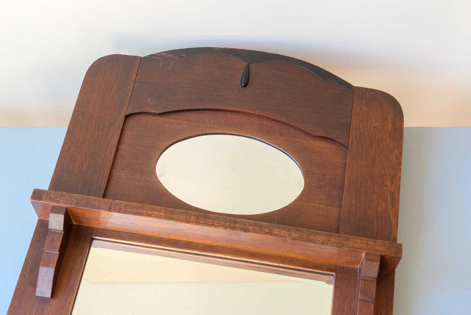 photo vintage Large Dutch Art Deco Mirror – Amsterdam School Oak Wall Mirror – Antique Hallway Mirror, 1920s