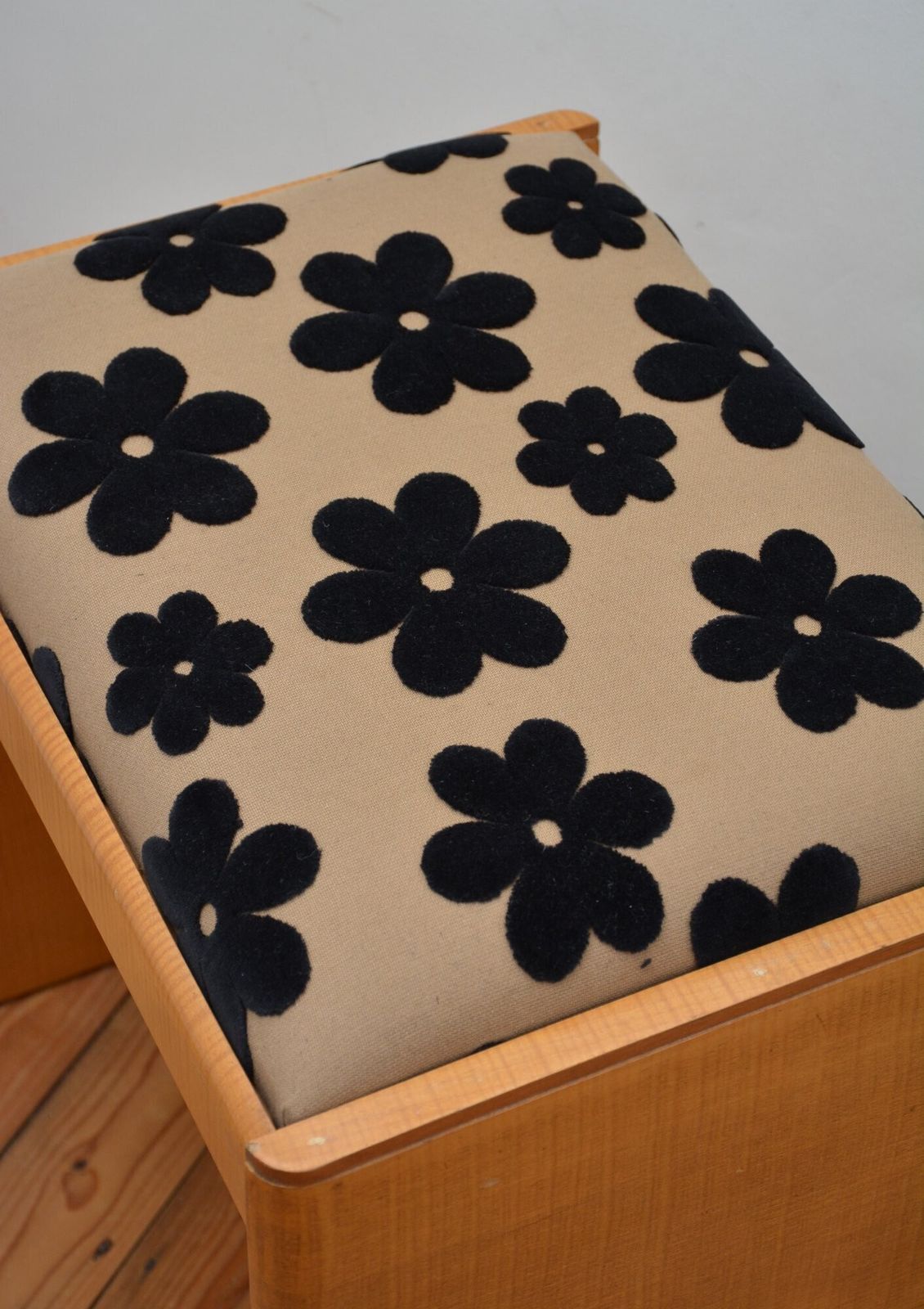 English Art Deco Sycamore Dressing Table Stool With New Flowery Top Cover photo vinterior