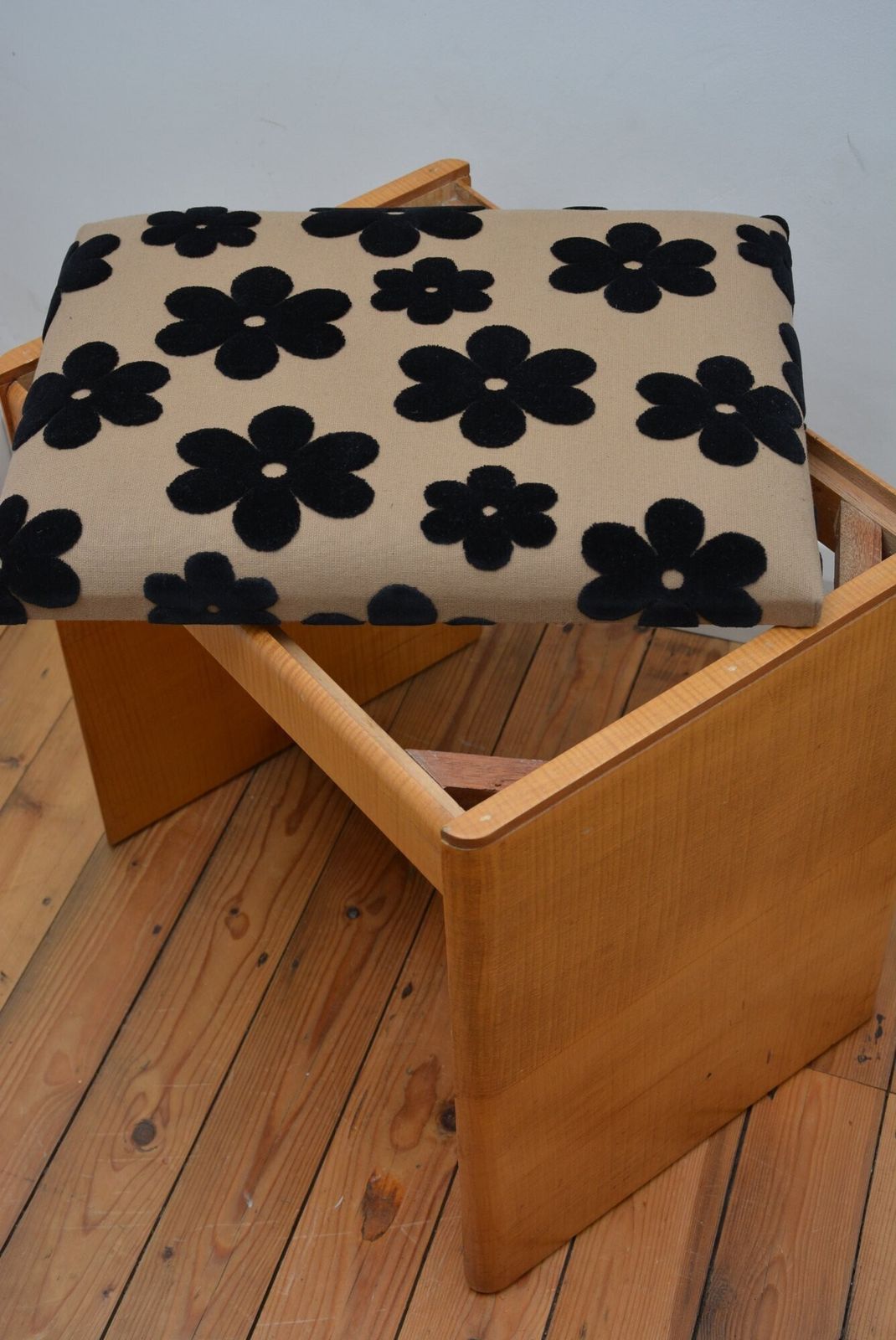 English Art Deco Sycamore Dressing Table Stool With New Flowery Top Cover photo vintage