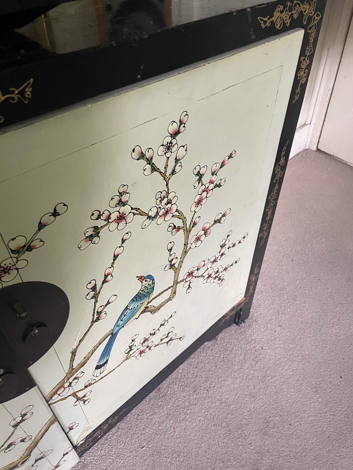 Hand Painted Oriental Black Butterfly Cupboard With Lovely Detailing photo vintage