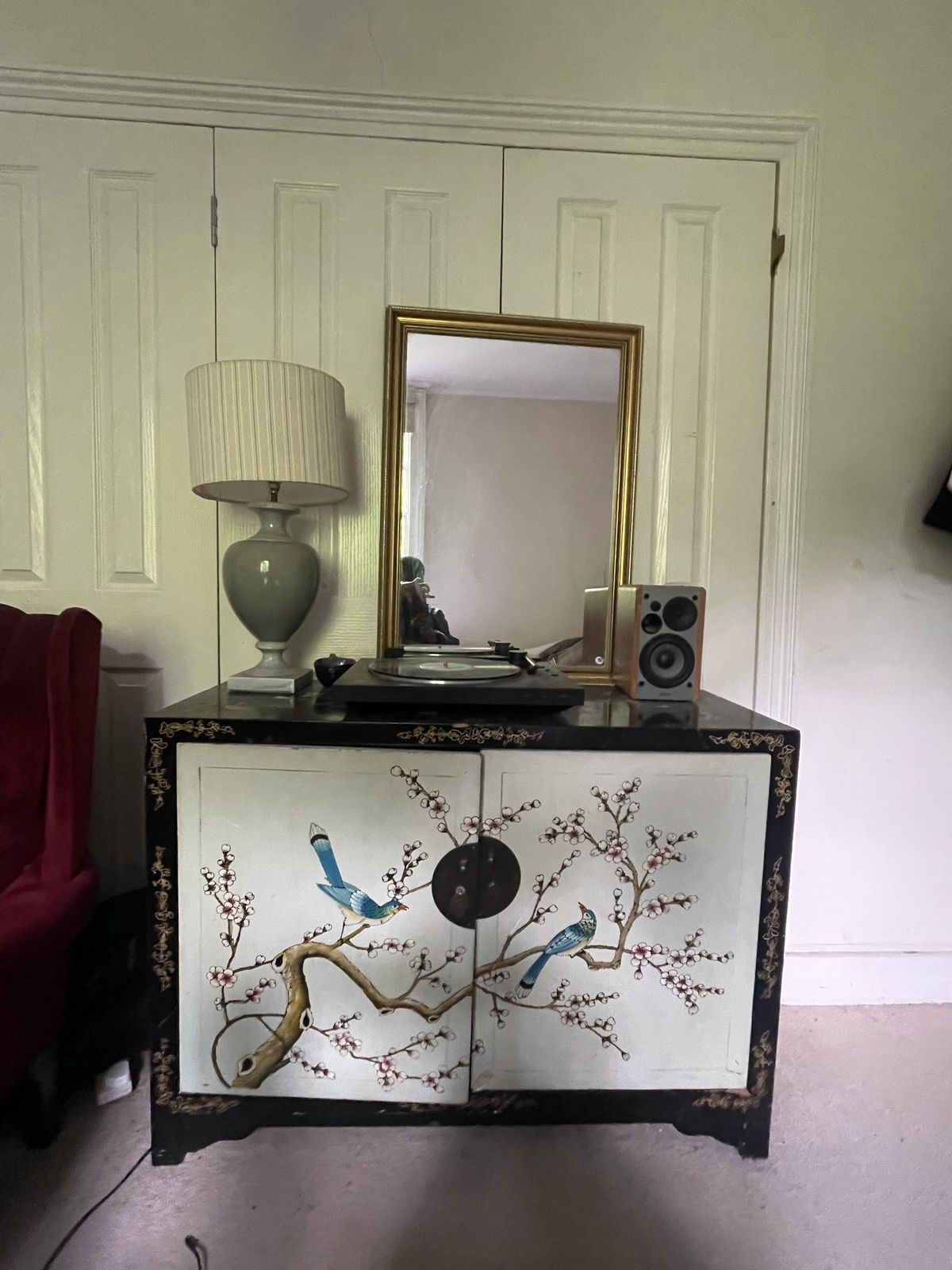 photo vintage Hand Painted Oriental Black Butterfly Cupboard With Lovely Detailing