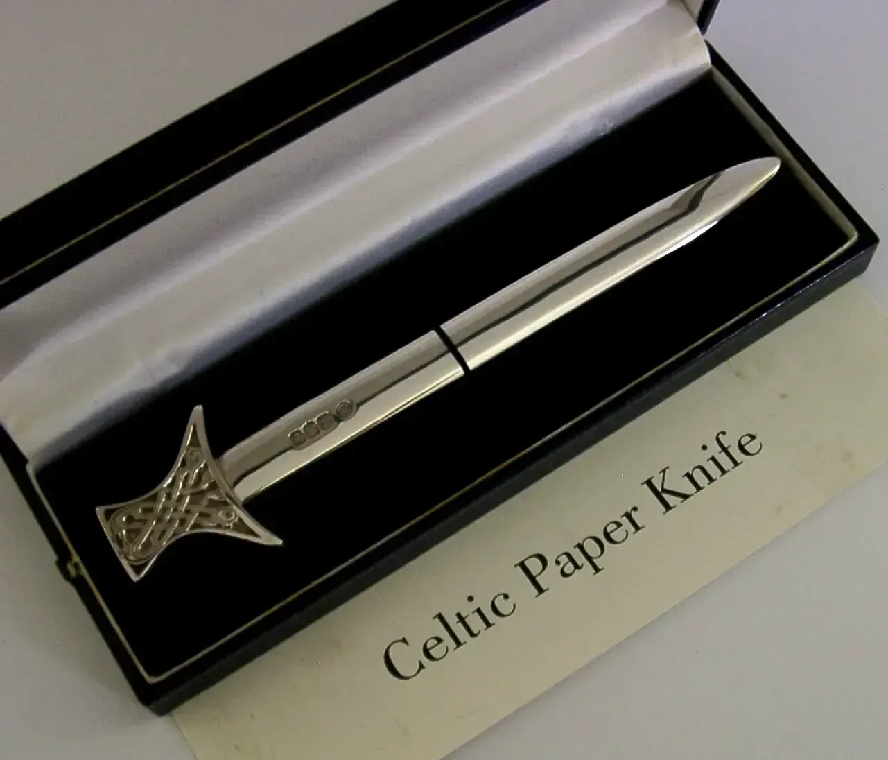 Scottish Sterling Silver Celtic Letter Envelope Opener 1998 Cased Desk Item photo furniture
